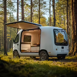 the small camper is parked in a lot with its door open