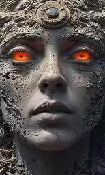 an orange eyed woman in white and grey, is shown