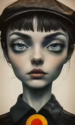 a painting of a woman with dark hair and large blue eyes