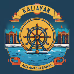 an emblem featuring a wheel of a ship or boat,the kallayan emblem is shown on a blue background