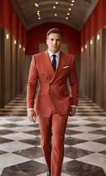 a man is dressed in an orange suit and tie