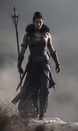 a woman is standing with her sword and holding a bow