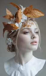 a beautiful woman with headpiece made out of flowers and leaves