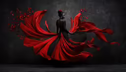 a woman in a dress with red petals is wearing a bird dress