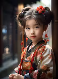 a little asian girl in oriental clothing standing near an entrance,an asian girl wearing a traditional costume poses for the camera