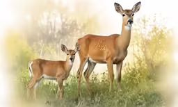 two deer standing next to each other in the grass
