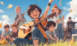 a kid plays guitar while a bunch of other children stand around him