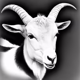 a goat with big, pointed horns stands in the dark