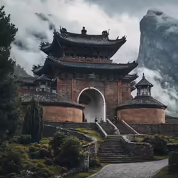 a very tall building in the mountains with steps leading up to it