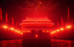 fireworks exploding over a red building in front of flags