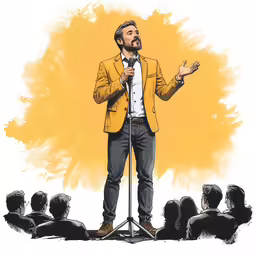 man speaking to his audience with one hand up
