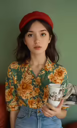 a young woman holding a mug of coffee