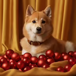 a red - haired dog laying on a bed of red balls in front of curtains
