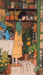 a girl is cleaning up the plants in a plant shop