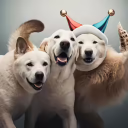 a group of three dogs wearing party hats
