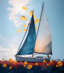 a sail boat floating in the middle of a field