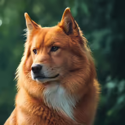 a dog with a furry, long hair sitting in front of trees