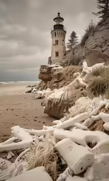 an image of a lighthouse in the distance near water