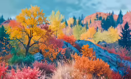 the colorful trees in a painting are brightly colored
