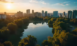an aerial view of a city with trees and a body of water