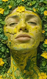 a girl with yellow body paint sitting in green flowers