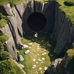 a lone person is standing at the entrance of an ocean cave