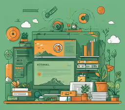 an illustration of a desktop computer on a desk,a graphic depicting a computer and other items