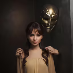 a girl is holding a golden mask and posing for a photo