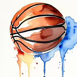 a painting of a basketball ball painted in orange and blue,an abstract painting of a basketball ball and paint drips