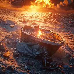 a pot is sitting in the middle of a fire pit