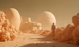 a man stands near a desert landscape that features huge rocks, houses and giant balls