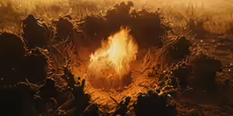 fire in the middle of a field surrounded by tall grass