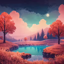 some trees are near the pond and some hills,a river and forest with a bright red sunset