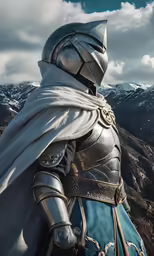 a medieval man wearing silver armor on top of a hill