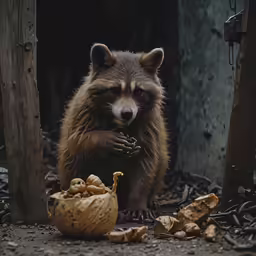 a racoon eats something out of a food bowl