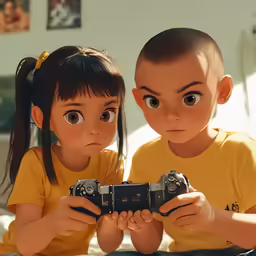 two little kids one is holding up two camera