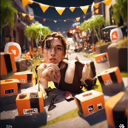 a digital painting of a woman sitting on the ground in a city street