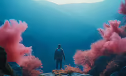 person in the distance with blue sky and pink clouds