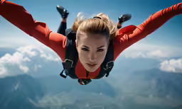 a woman in a red shirt is skydiving in the mountains