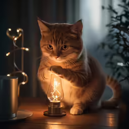 a cat with its paw on a lite light