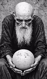 a very old man holding a strange looking object