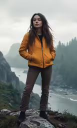 the woman is standing on a rock looking at the water