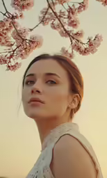 a woman stands in front of a blooming tree