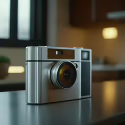 an old camera sitting on a counter top