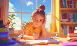 a young girl writes in her home classroom