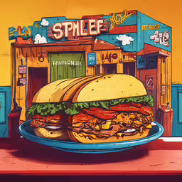 a plate that has two large sandwiches on it,this is a cartoon illustration of two huge sandwiches on a plate