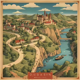an illustration depicting the town and river from a book