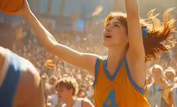 an attractive lady reaching up in the air while holding a basketball