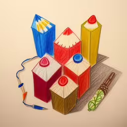 pencil and crayons in different colors with a drawing of houses,colored pencils and other items on a paper