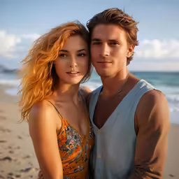 a woman standing next to a man on a beach